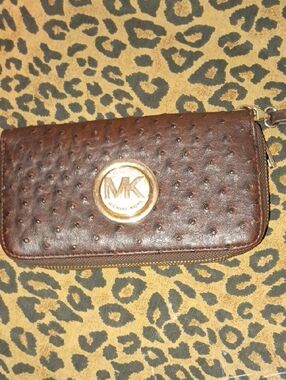 Michael Kors Dark Brown Ostrich-Texture Zip Wallet with Gold MK Emblem